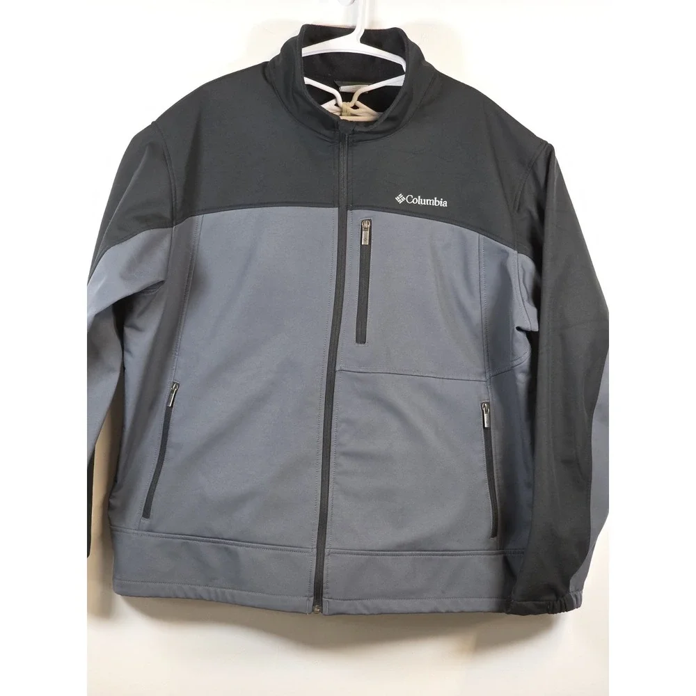 Columbia Mens XXL Softshell Jacket Black Grey Polyester Full Zip Hiking Outdoor